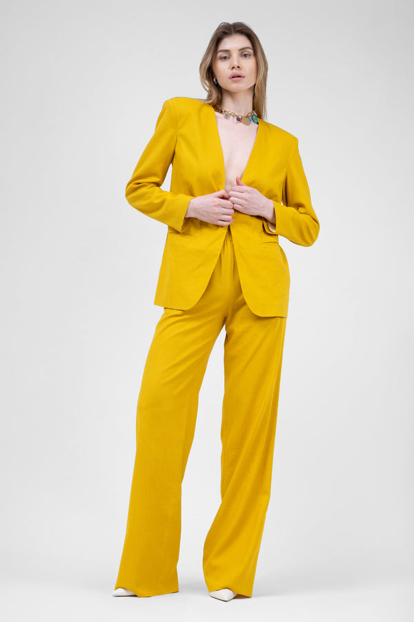 Dark Yellow Linen Suit With blazer and straight trousers