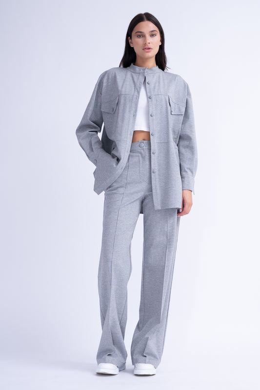 Grey Matching Set With Oversized Shirt And Wide Leg Trousers