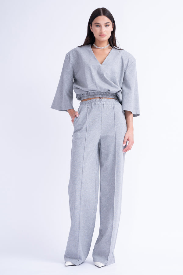 Grey Matching Set With Blouse And Wide Leg Trousers