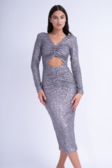 Silver Sequin Midi Dress With Cut-Out And Gathered Detailing