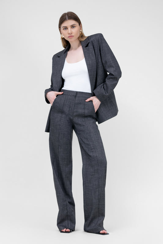 Grey Straight-Cut Trousers With Stripe Detail