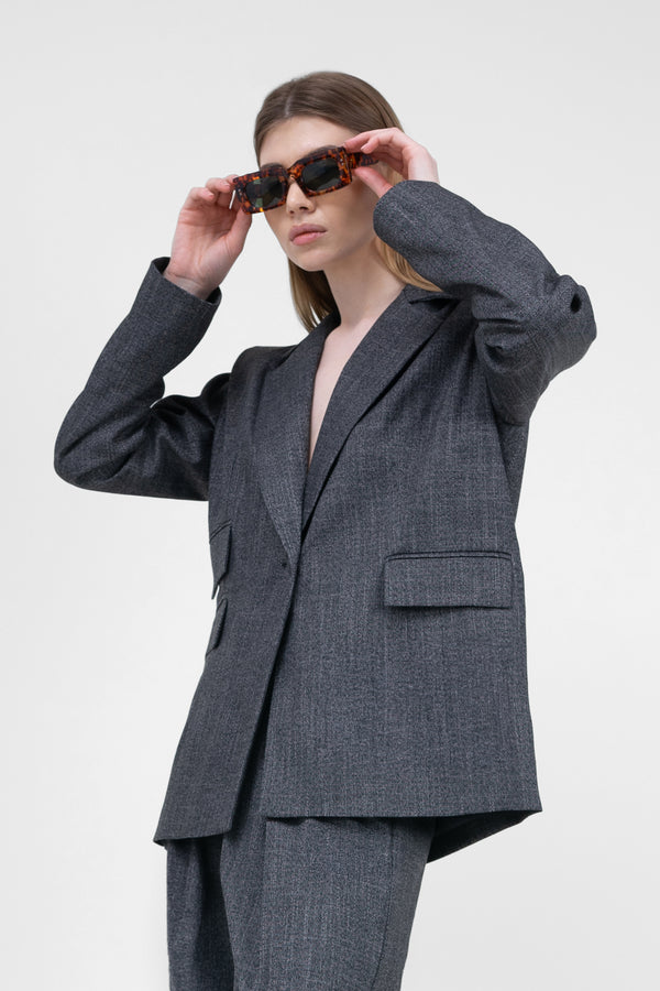 Grey Suit With Regular Blazer With Double Pocket And Ultra Wide Leg Trousers