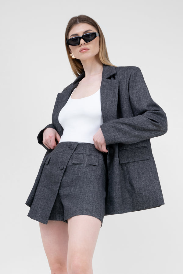 Grey Suit With Regular Blazer With Double Pocket And Skort
