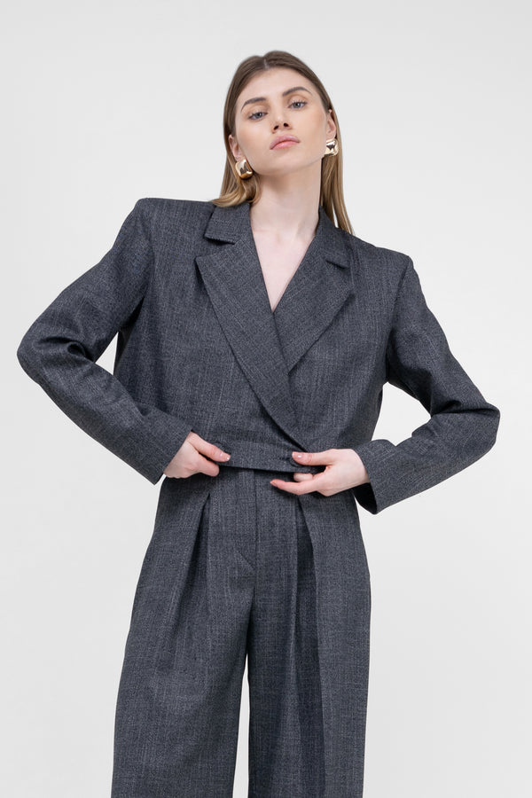 Grey Suit With Cropped Blazer And Ultra Wide Leg Trousers