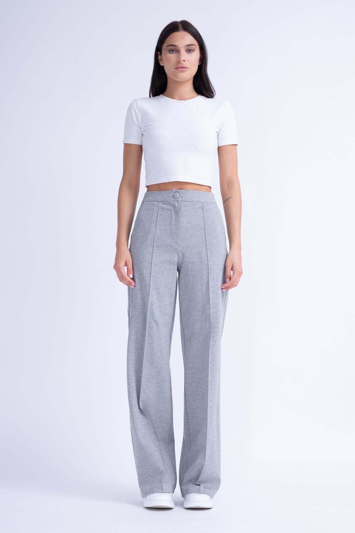 Grey Matching Set With Oversized Shirt And Wide Leg Trousers