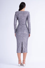 Silver Sequin Midi Dress With Cut-Out And Gathered Detailing