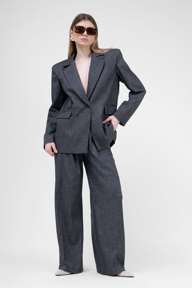 Grey Suit With Regular Blazer With Double Pocket And Ultra Wide Leg Trousers