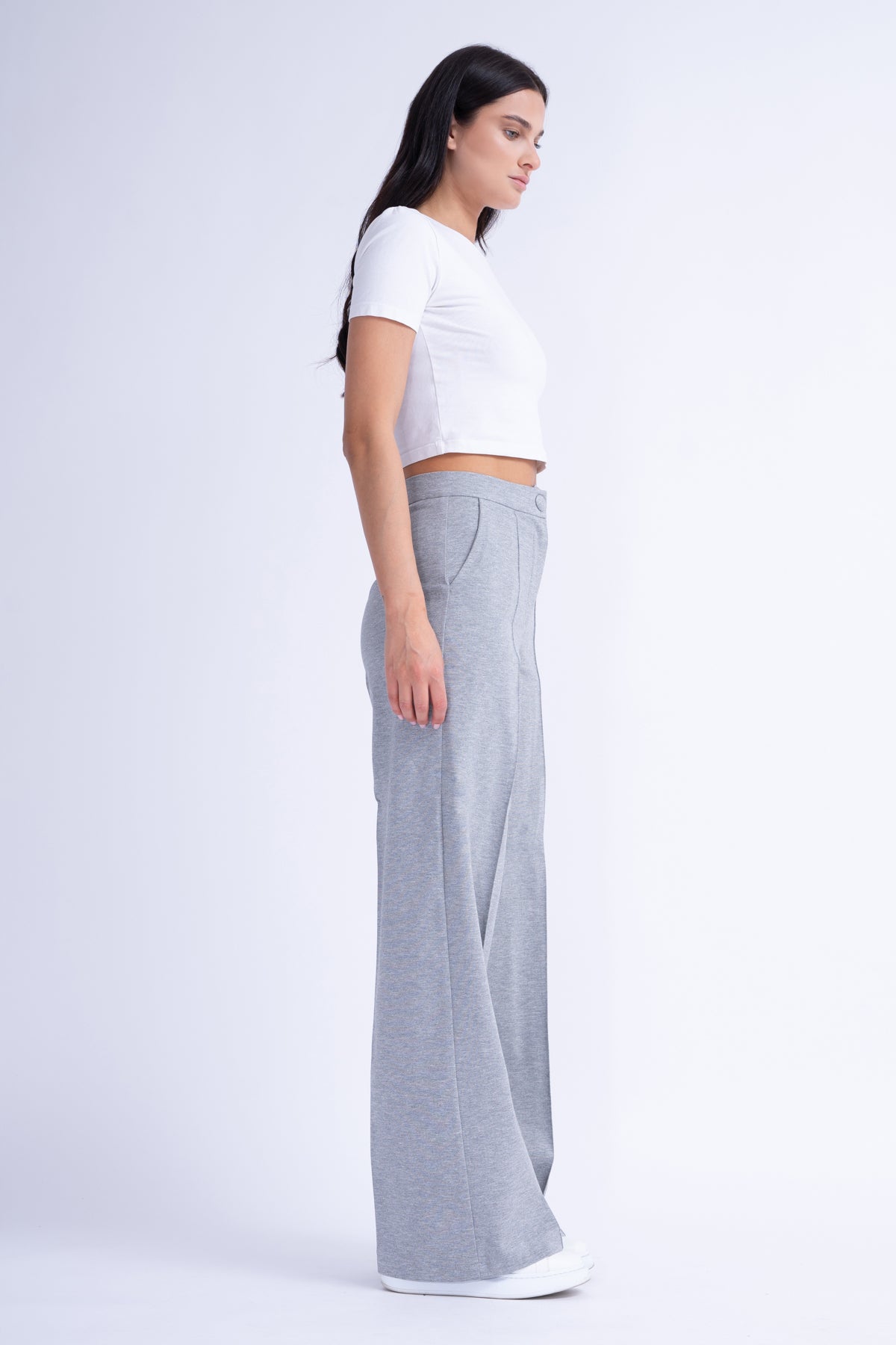 Grey Matching Set With Oversized Shirt And Wide Leg Trousers