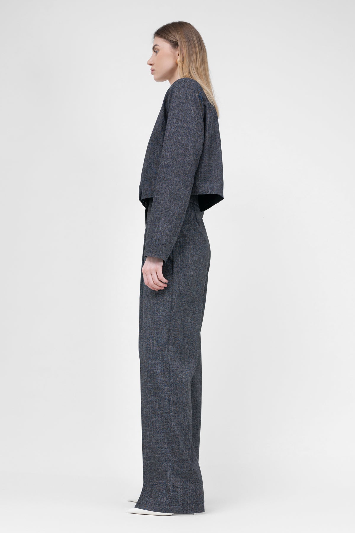 Grey Suit With Cropped Blazer And Ultra Wide Leg Trousers