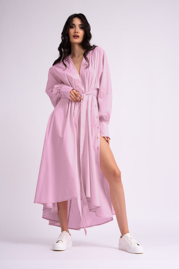 Rochie midi roz tip camasa cu slituri in laterale