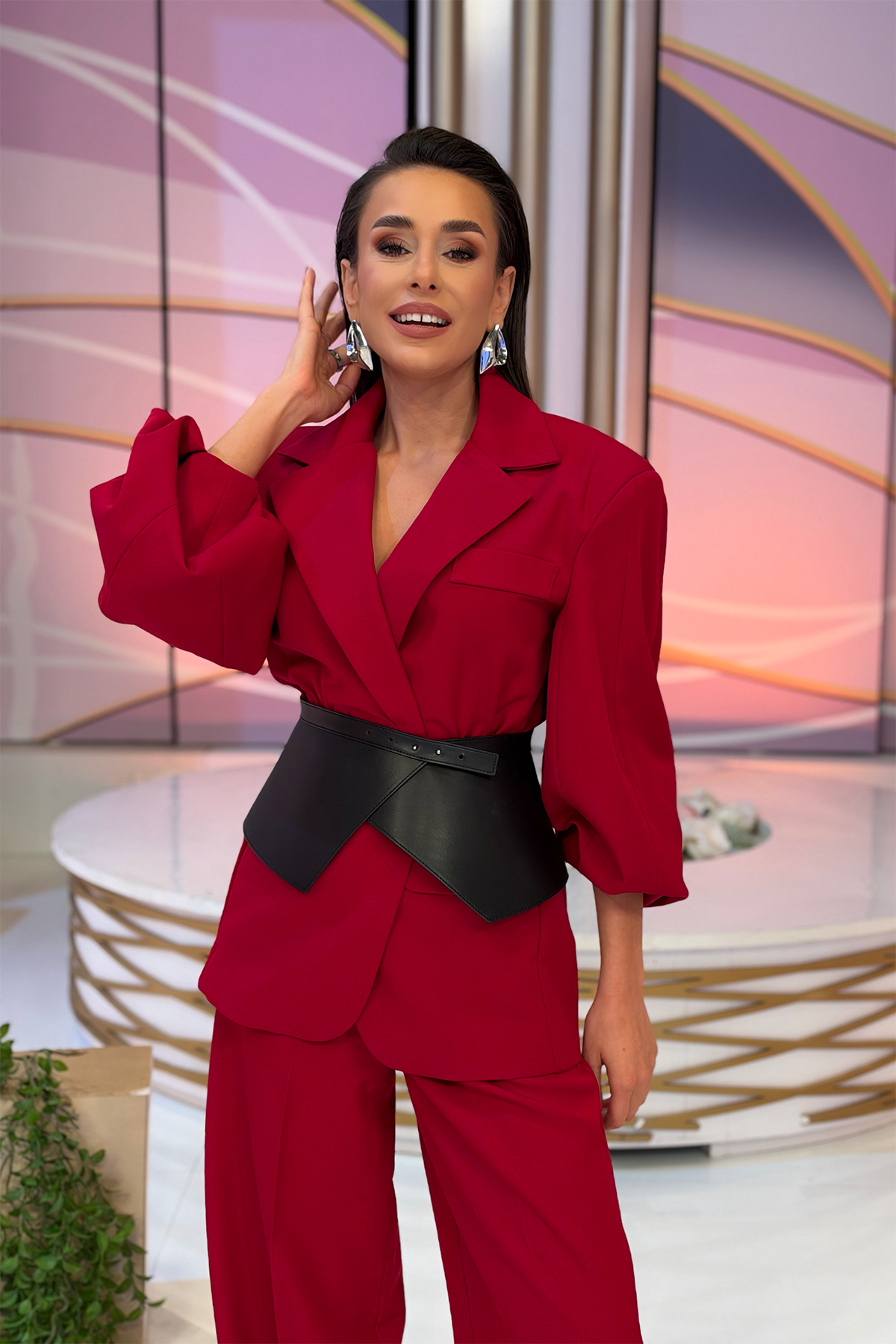Dark Red Suit With Waist Accentuated Blazer And Wide-Leg Trousers