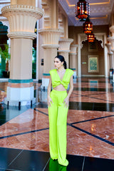 Neon Green Set with Top With Knot And Wide Leg Trousers