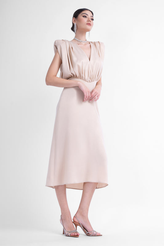 Midi dress with gold details and V-sharped draped bodice