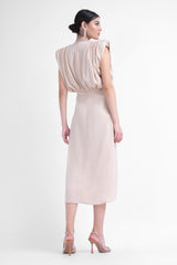 Midi dress with gold details and V-sharped draped bodice
