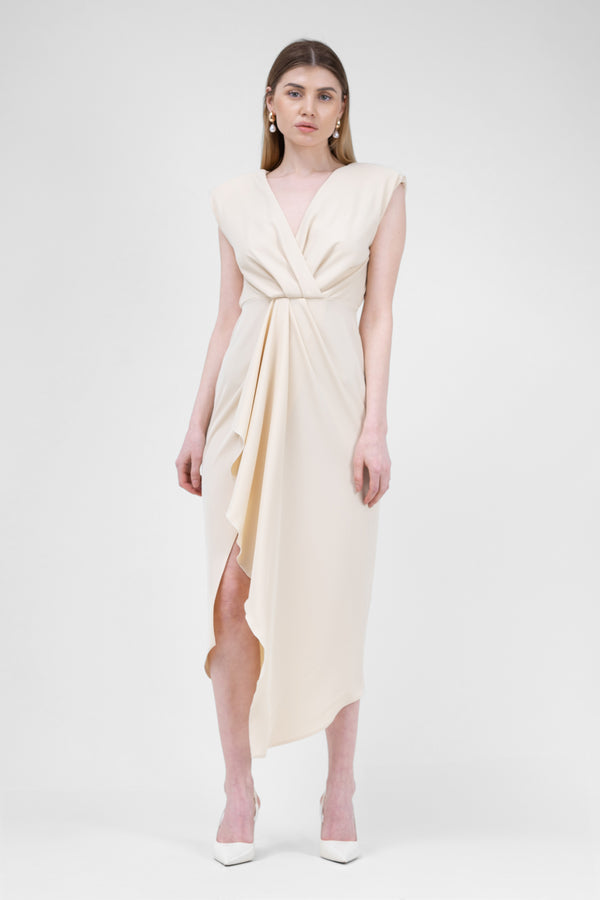 Ivory Midi Dress With Draping And Pleats