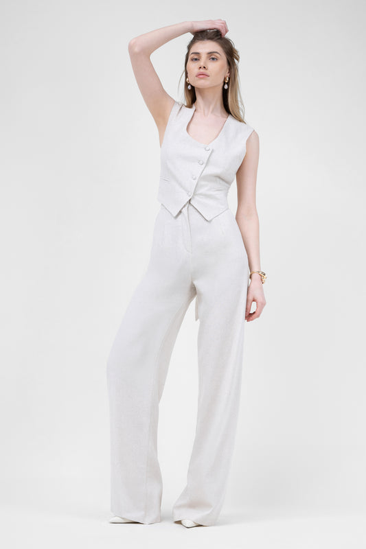 Ivoire Linen Suit With Cut-Out Vest And Straight Trousers