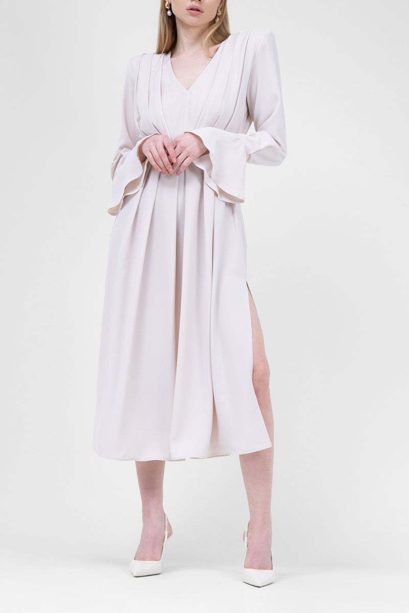 Ivory Midi Dress With Pleats And Proeminent Shoulders