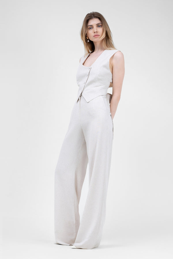 Ivoire Linen Suit With Cut-Out Vest And Straight Trousers