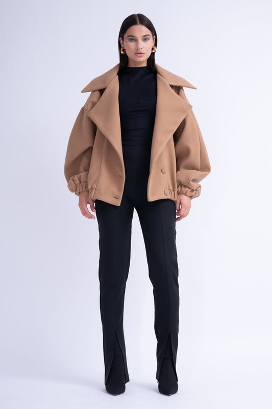 Camel Bomber Jacket With Lapels