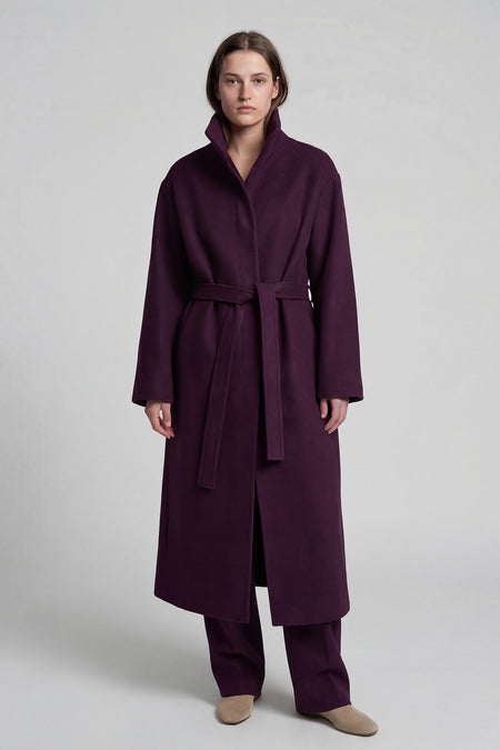 Palton lung mov prună cu guler înalt