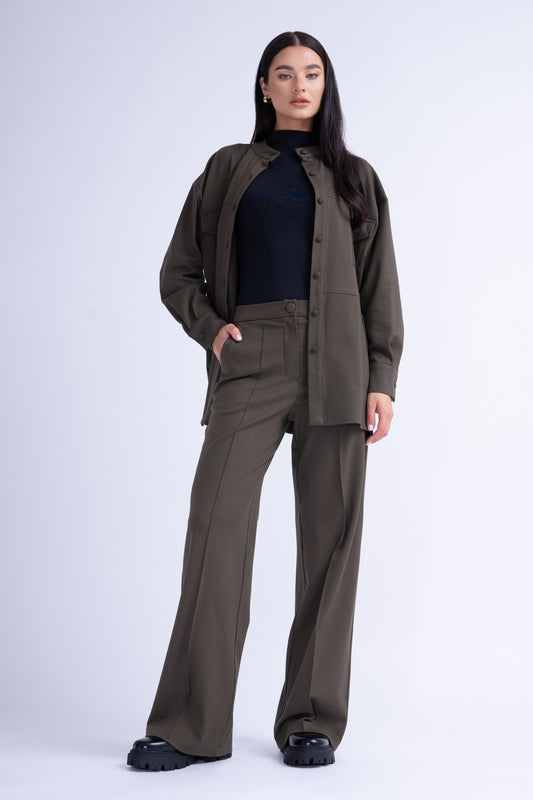 Khaki Set With Oversized Shirt And Wide Leg Trousers