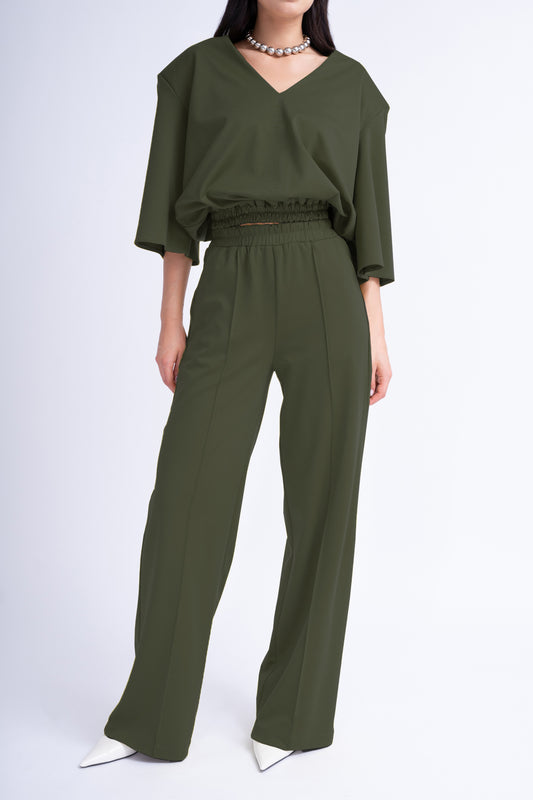 Khaki Matching Set With Blouse And Wide Leg Trousers