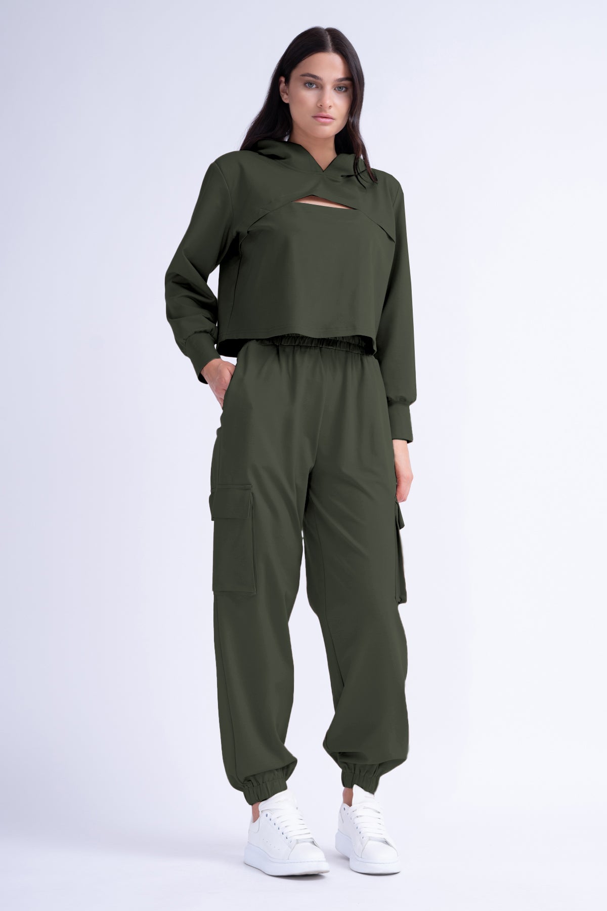 Khaki Matching Set With  Cut-Out Hoodie And Cargo Pants