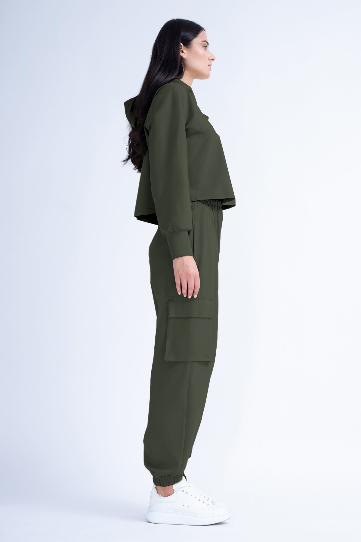 Khaki Matching Set With  Cut-Out Hoodie And Cargo Pants