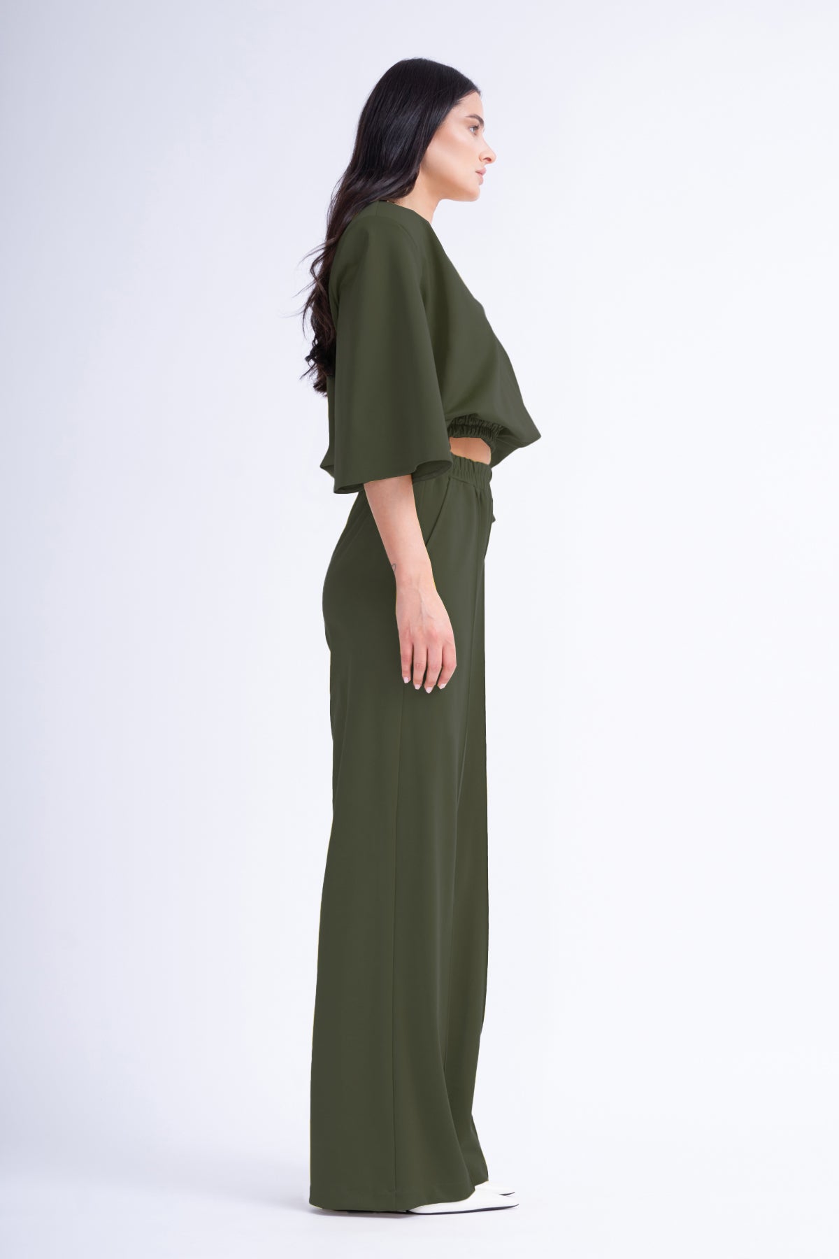 Khaki Matching Set With Blouse And Wide Leg Trousers