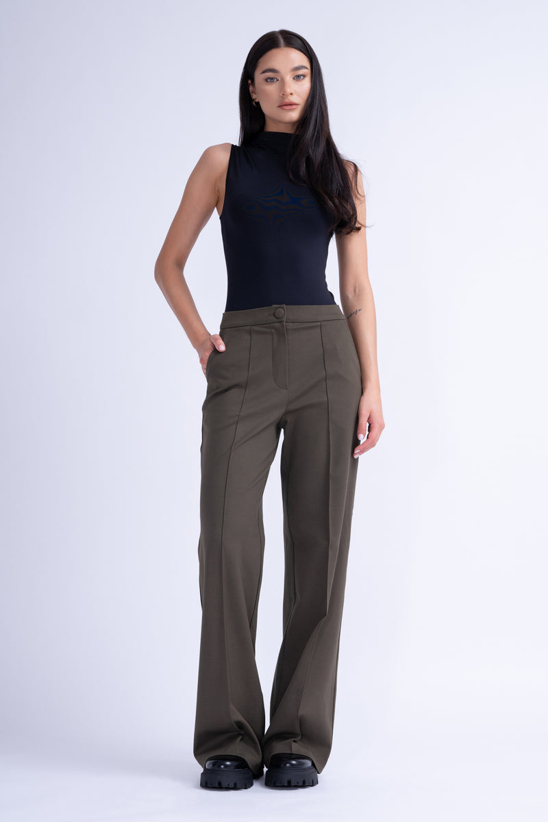 Khaki Set With Oversized Shirt And Wide Leg Trousers