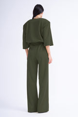 Khaki Matching Set With Blouse And Wide Leg Trousers