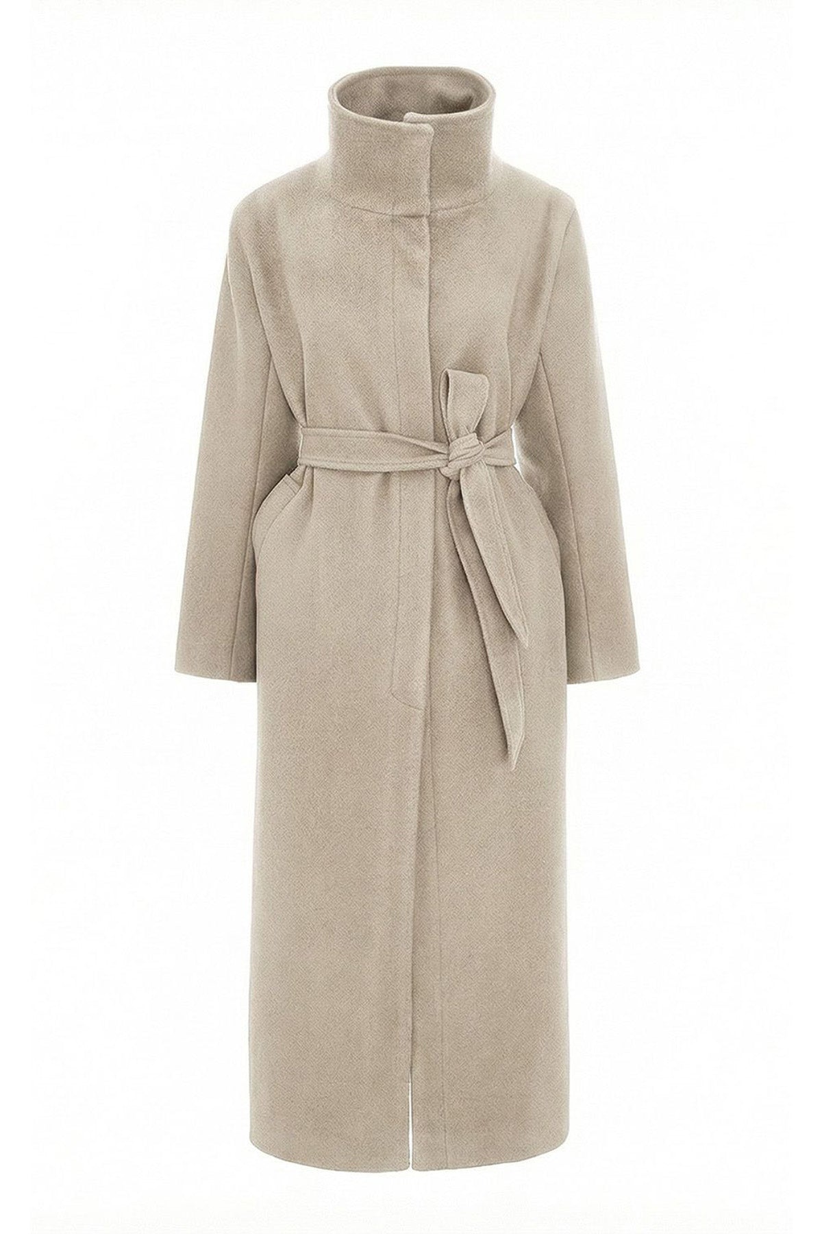 Palton lung bej cu guler înalt