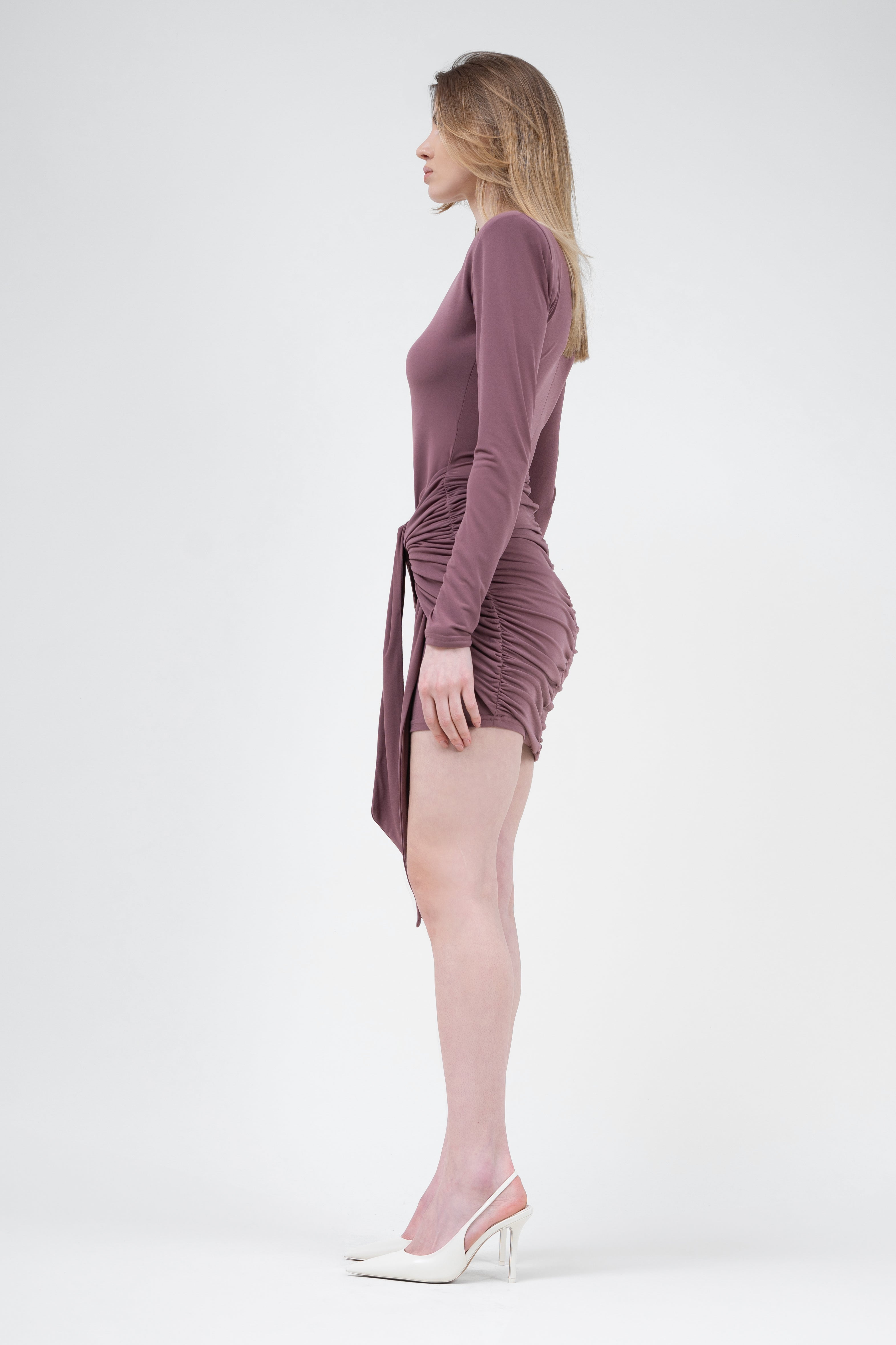 Brown Mini Dress With Scarf And Pleats