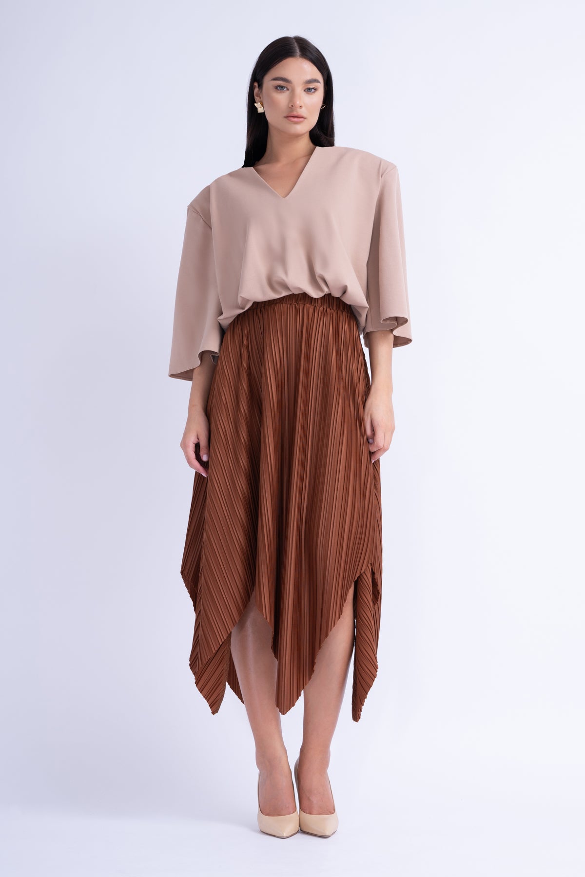 Brown Asymmetrical Pleated Skirt