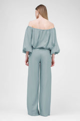 Mint Linen matching set with flowy blouse and wide leg trousers