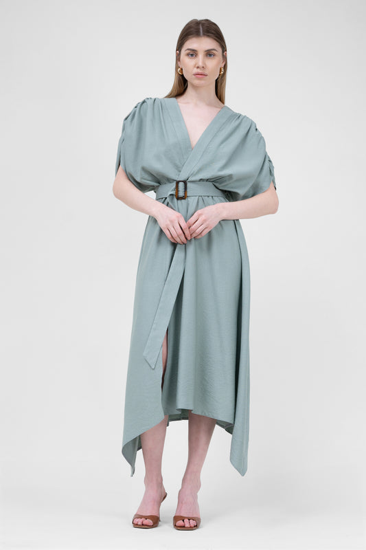 Mint Linen Midi Dress With Belt