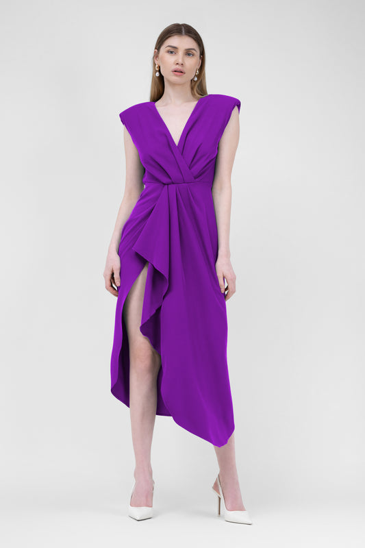 Bright Purple Midi Dress With Draping And Pleats