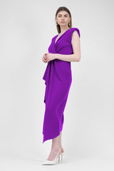 Bright Purple Midi Dress With Draping And Pleats