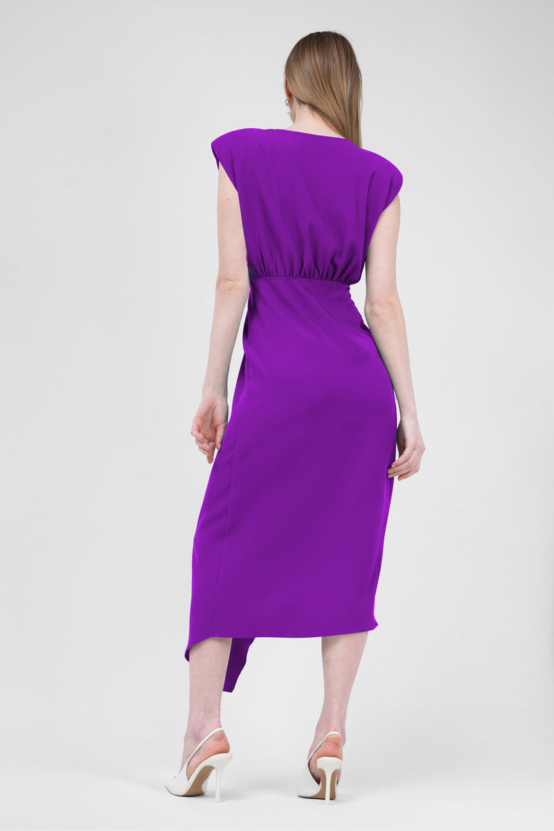 Bright Purple Midi Dress With Draping And Pleats