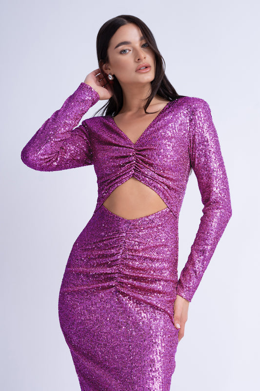 Robe midi violette à sequins avec découpes et détails froncés