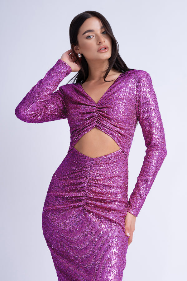 Purple Sequin Midi Dress With Cut-Out And Gathered Detailing