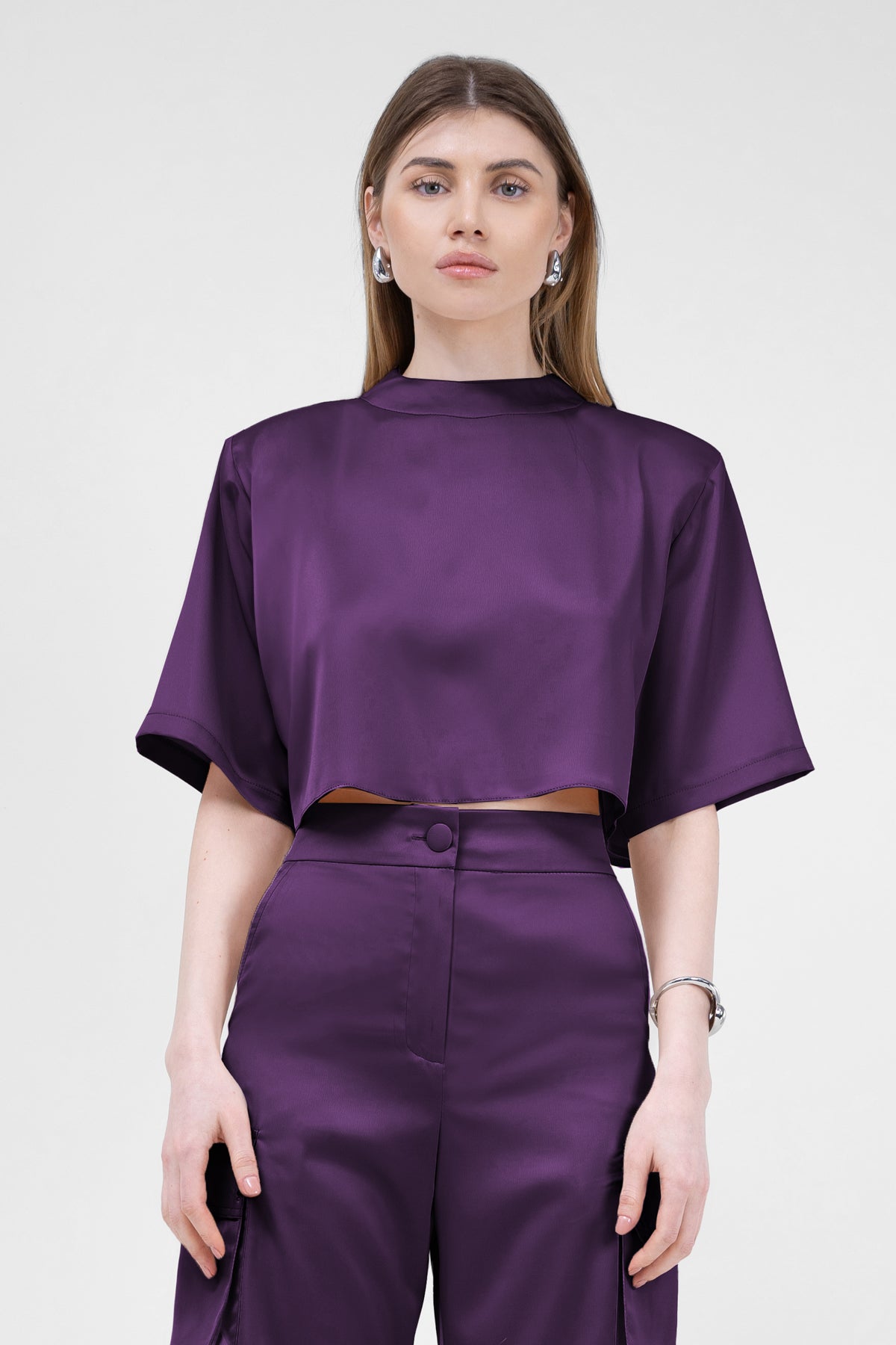 Purple Cropped Satin T-shirt