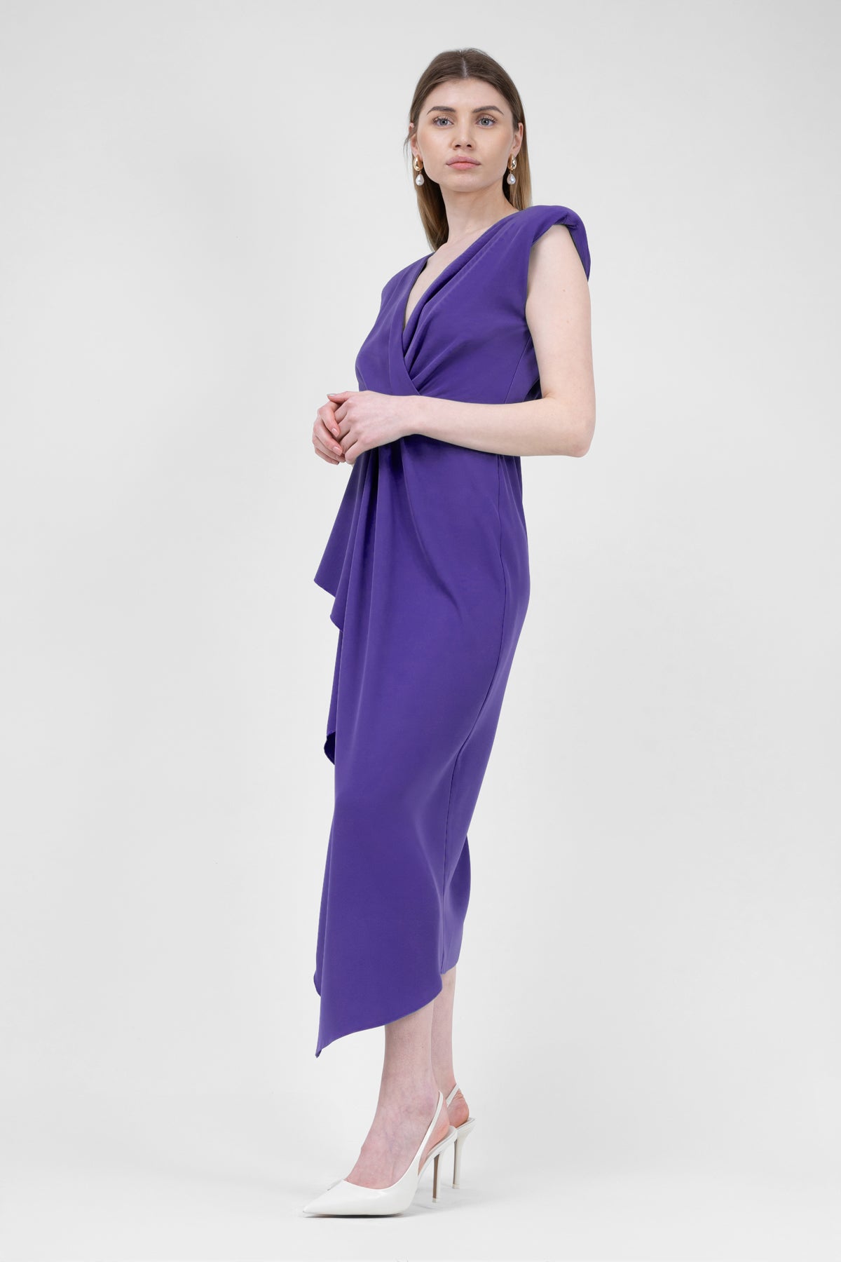 Midi Purple Dress With Draping Detailing And Pleats – Bluzat