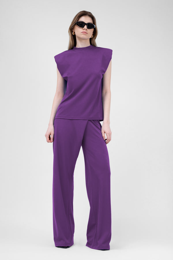 Deep purple Set With T-shirt And Asymmetrical Wide Leg Trousers