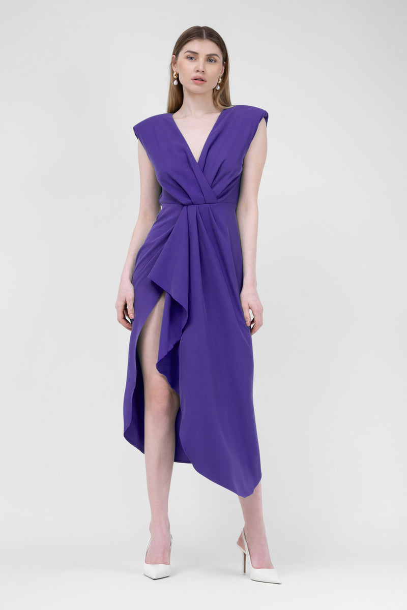 Midi purple dress with draping detailing and pleats