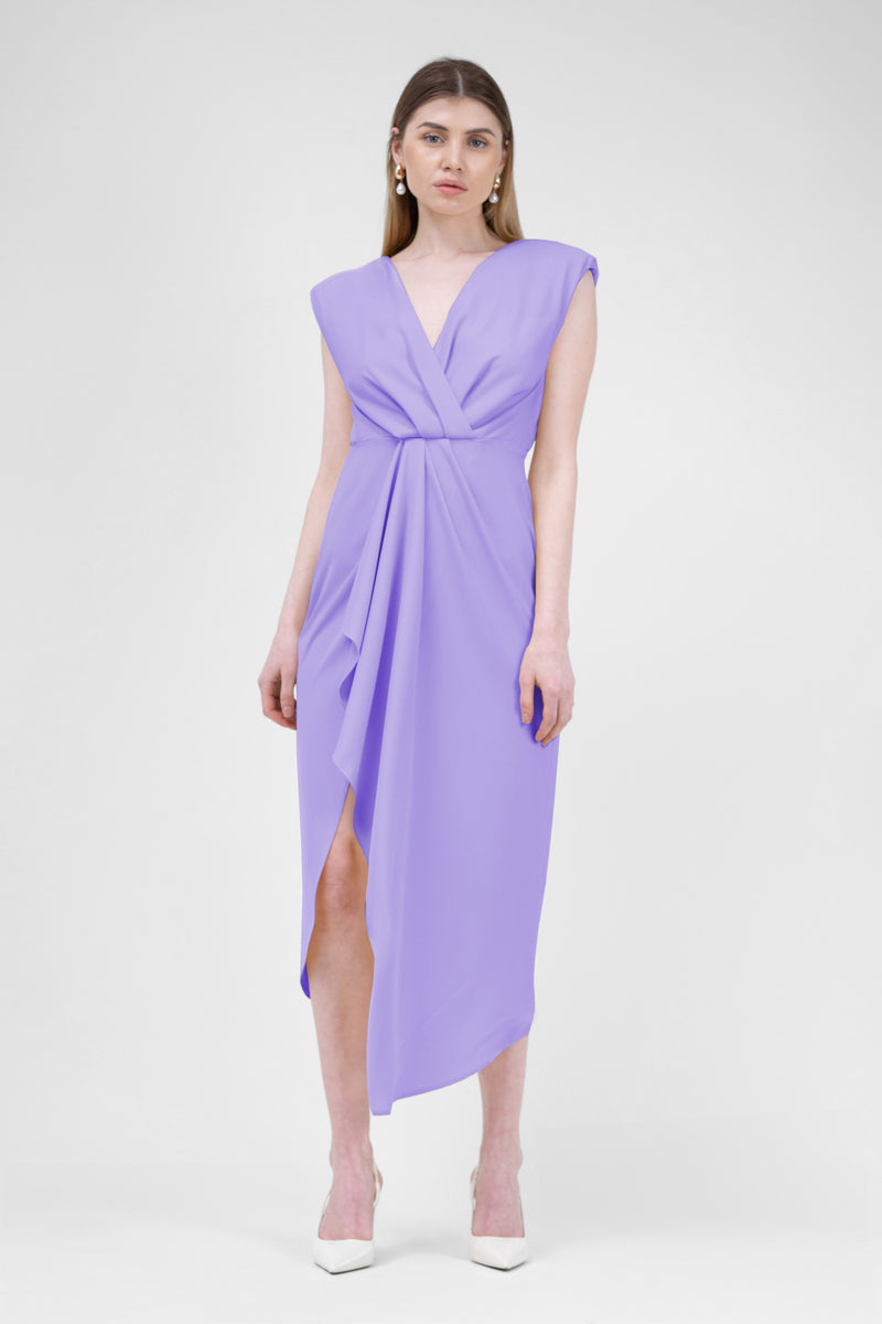 Pastel Purple Midi Dress With Draping And Pleats