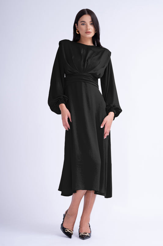 Black Midi Dress With Shoulder Pads Detail And Pleats