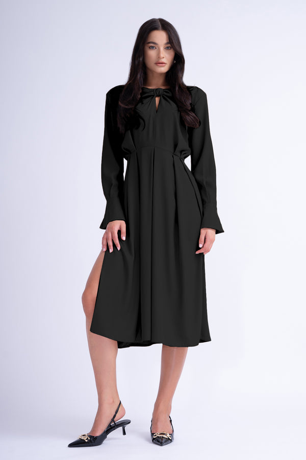 Midi Black Dress With Ring Detail And Pleats