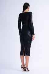 Black Sequin Midi Dress With Cut-Out And Gathered Detailing