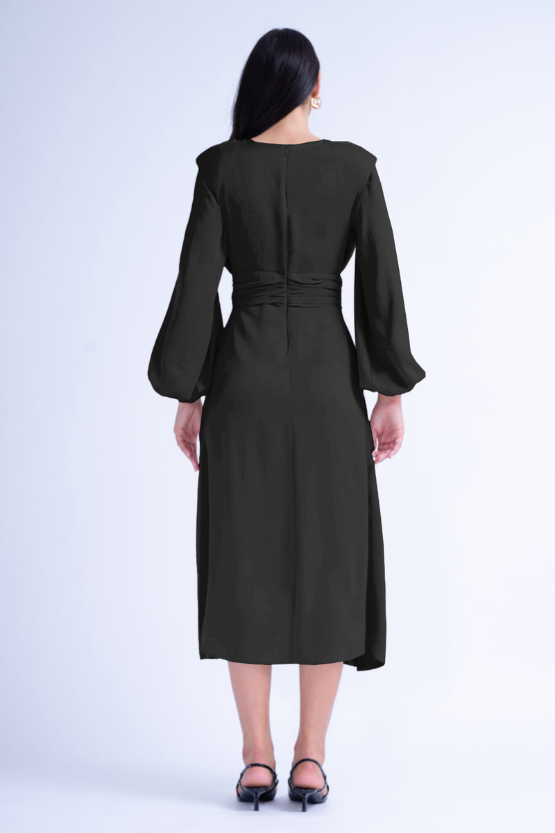 Black Midi Dress With Shoulder Pads Detail And Pleats